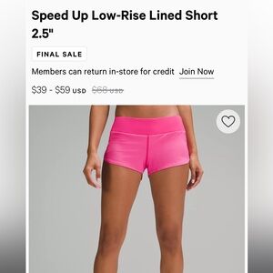 Pink Lululemon speed up shorts low rise lined size 4